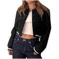 thumbnail image 3 of QATAINLAV Women Casual Button Cropped Baseball Jacket Stand Up Collar Long Sleeve Bomber Jackets Fall Workout Tops, Black, L, 3 of 8