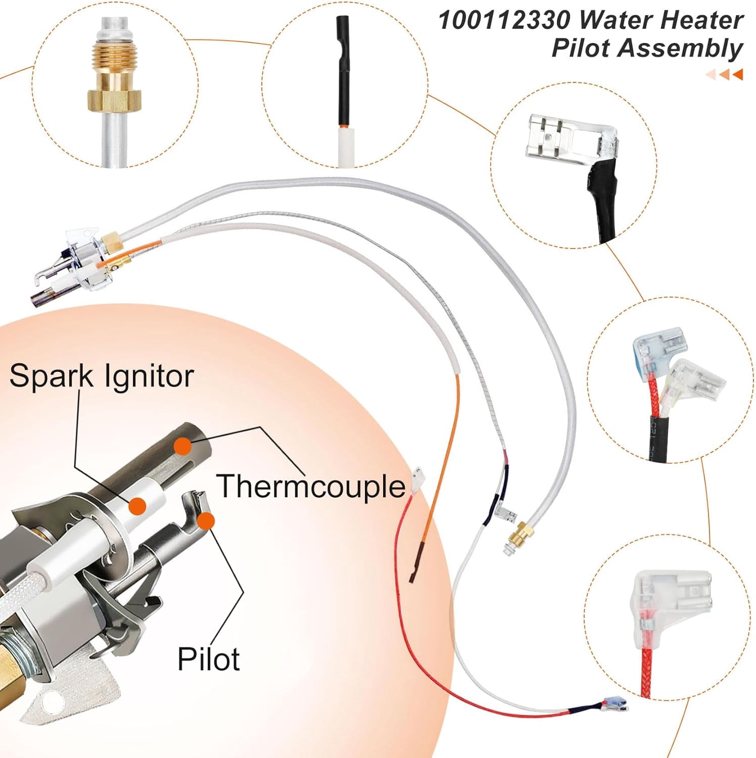100112330 Water Heater Pilot Assembly, Replace 9007876 Thermopile, Compatible with 300 301 Series Whirl-pool Water Heater Parts
