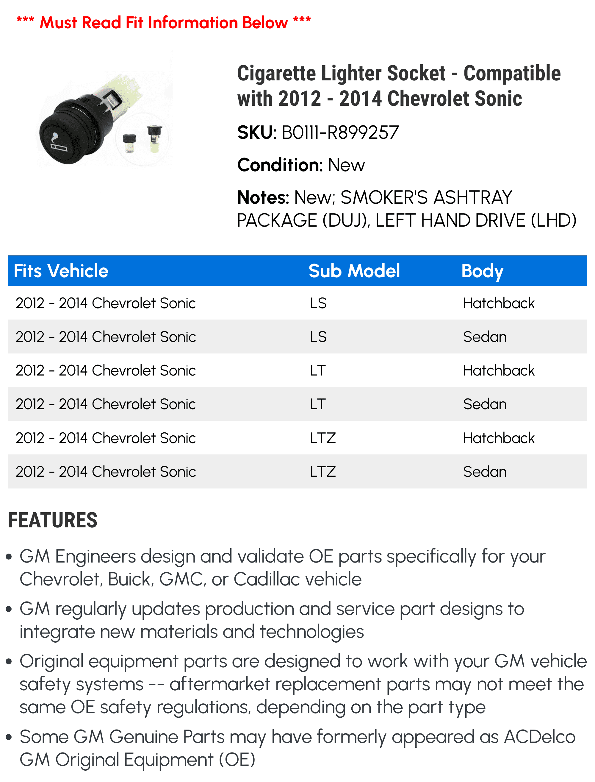 2015 chevy sonic cigarette lighter Cigarette Lighter Socket - Compatible with 2012