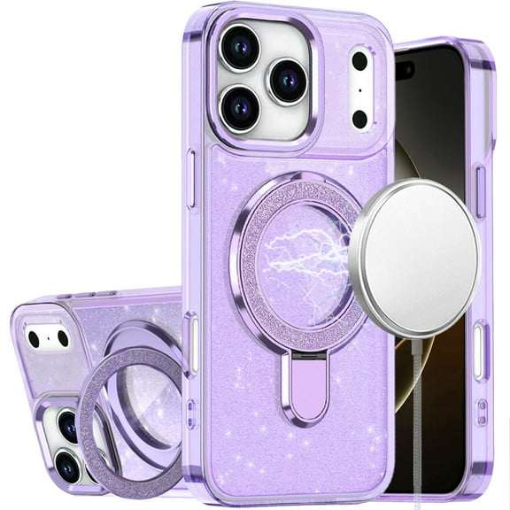 For iPhone 17 Pro Max Transparent Glitter Rotaional Magnetic Ring Stand HQ Hybrid - Light Purple