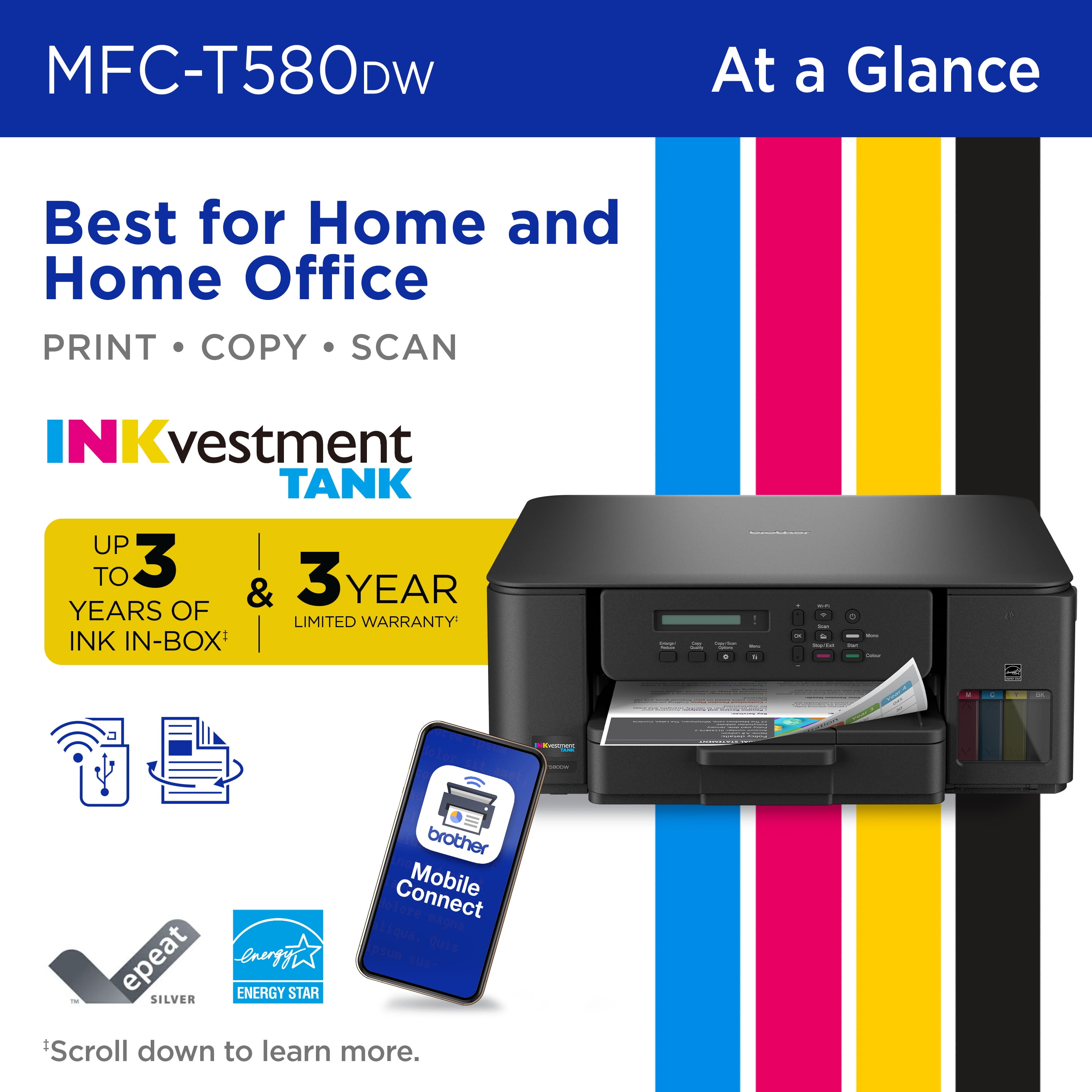 MFCT580DW INKvestment Tank 580 Copy/Print/Scan Wireless Color Inkjet All-in-One Printer