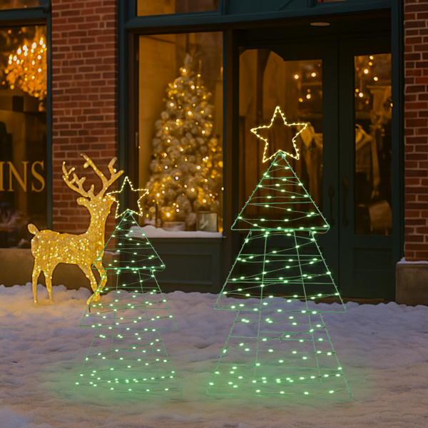 2-Pack Lighted Christmas Trees, 150 Warm White LEDs, Metal Wire Frame with Star Topper, for Indoor, Outdoor Porch, Garden Decor