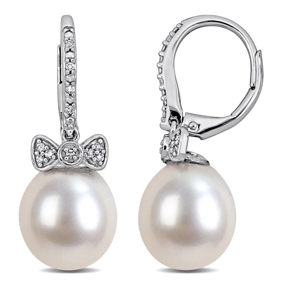 Everly Women's 9-10mm White South Sea Cultured Pearl 1/10ct Diamond Bow Drop Earrings in 14k White Gold