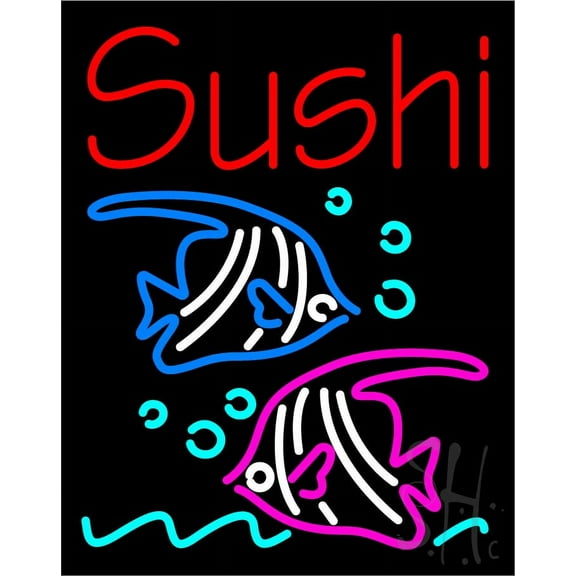 Red Sushi with Fish Logo Below LED Neon Sign 24 x 31 - inches, Black Square Cut Acrylic Backing, with Dimmer - Bright and Premium built indoor LED Neon Sign for restaurant window and interior decor.