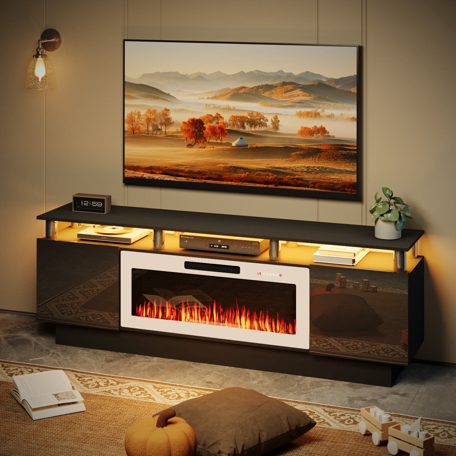 Waleaf 70" Modern Fireplace TV Stand with 36" Fireplace for TVs Up to 80", 2 Tier TV Console Stand for Living Room