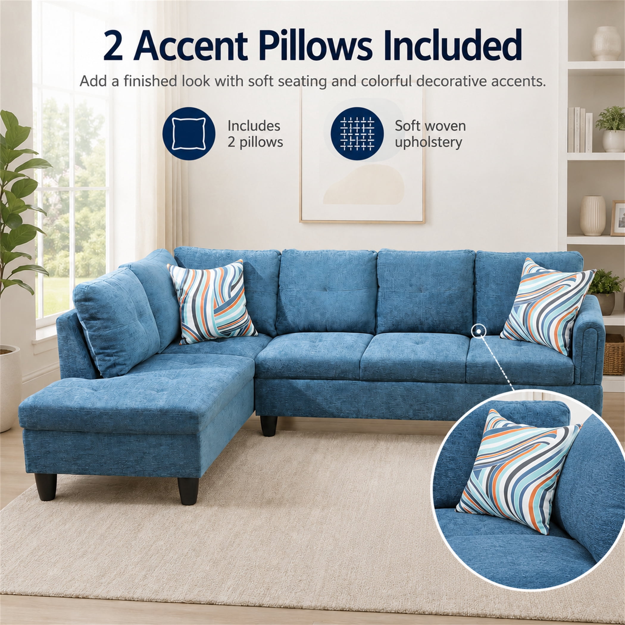 Aukfa 97" Classic Sectional Sofa 4 Seat L shape Couch with Oversized Left Chaise for Living Room, 2Pillows, Linen, Blue