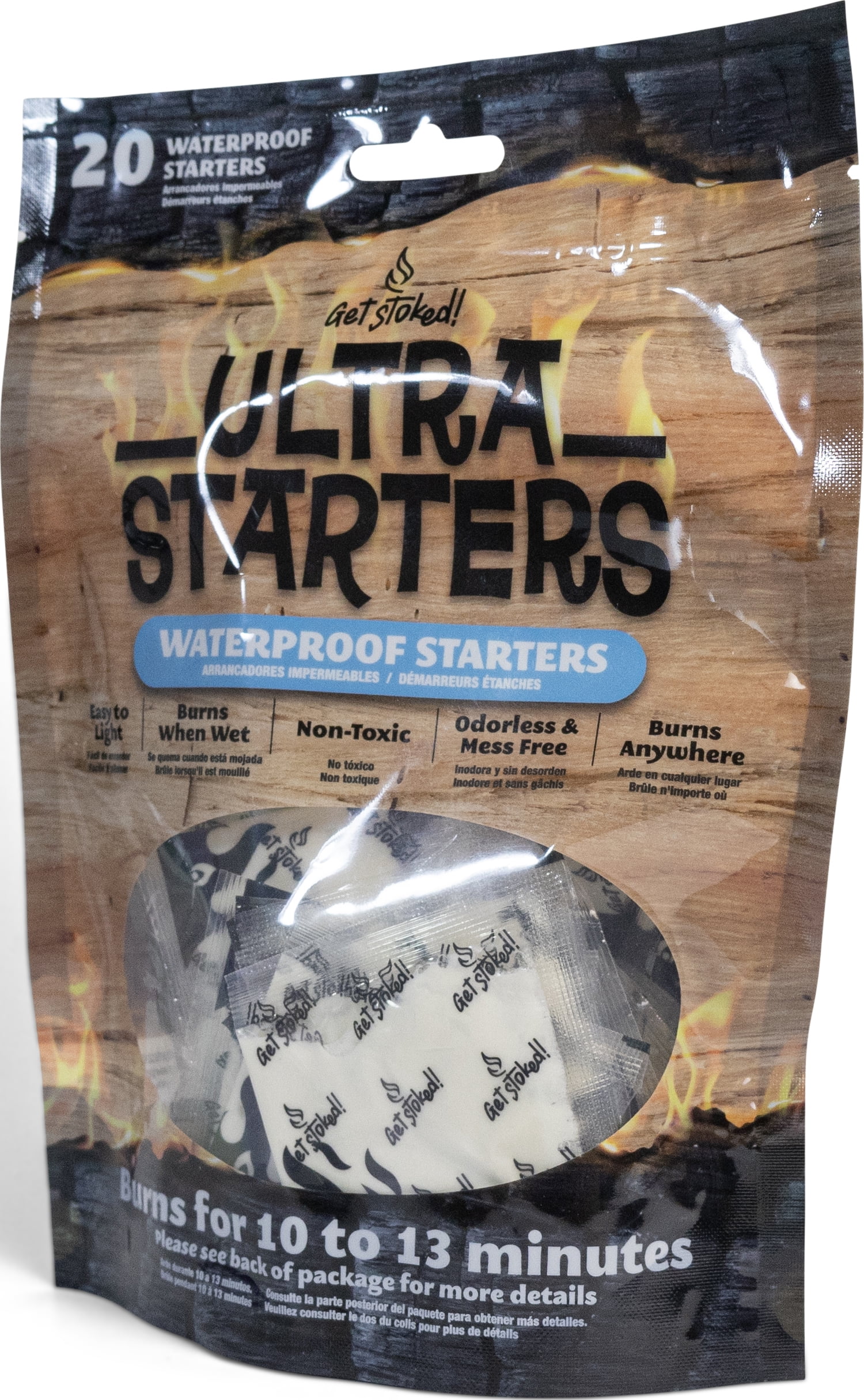 Get Stoked! Ultra Starters + Waterproof  Fire Starters + 20 Pieces per pack + Burns up to 13 Minutes + Burns when Wet