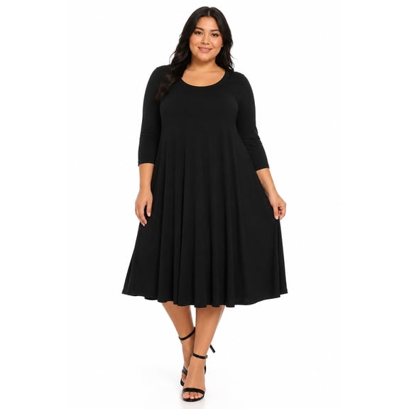 Women's Plus Size Casual 3/4 Sleeves Basic A-Line Pleated Solid Midi Dress