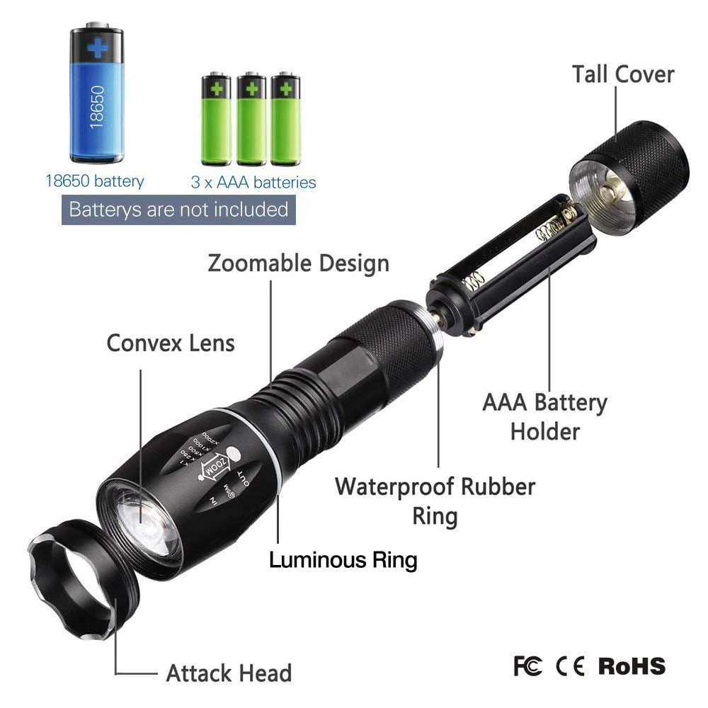 Super-Bright 99000LM LED Tactical Flashlight 5 Modes Zoomable Torch Searchlight