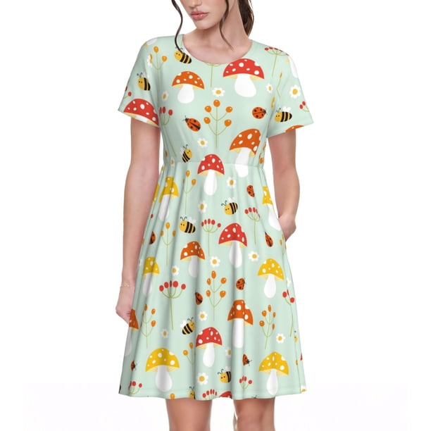Disketp Mushroom Bee para Vestido de Manga Corta para Mujeres, Vestidos de Verano para Mujeres, Casual y Holgado para la Playa