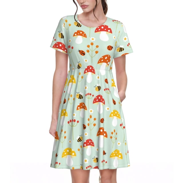 Disketp Mushroom Bee para Vestido de Manga Corta para Mujeres, Vestidos de Verano para Mujeres, Casual y Holgado para la Playa