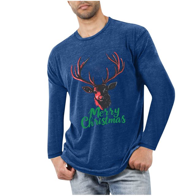 Blusas y camisas de manga larga con cuello redondo para hombre, deportivas, fitness, hogar, pijamas navideños estampados, camiseta de manga larga con cuello redondo, blusa de poliéster para hombre