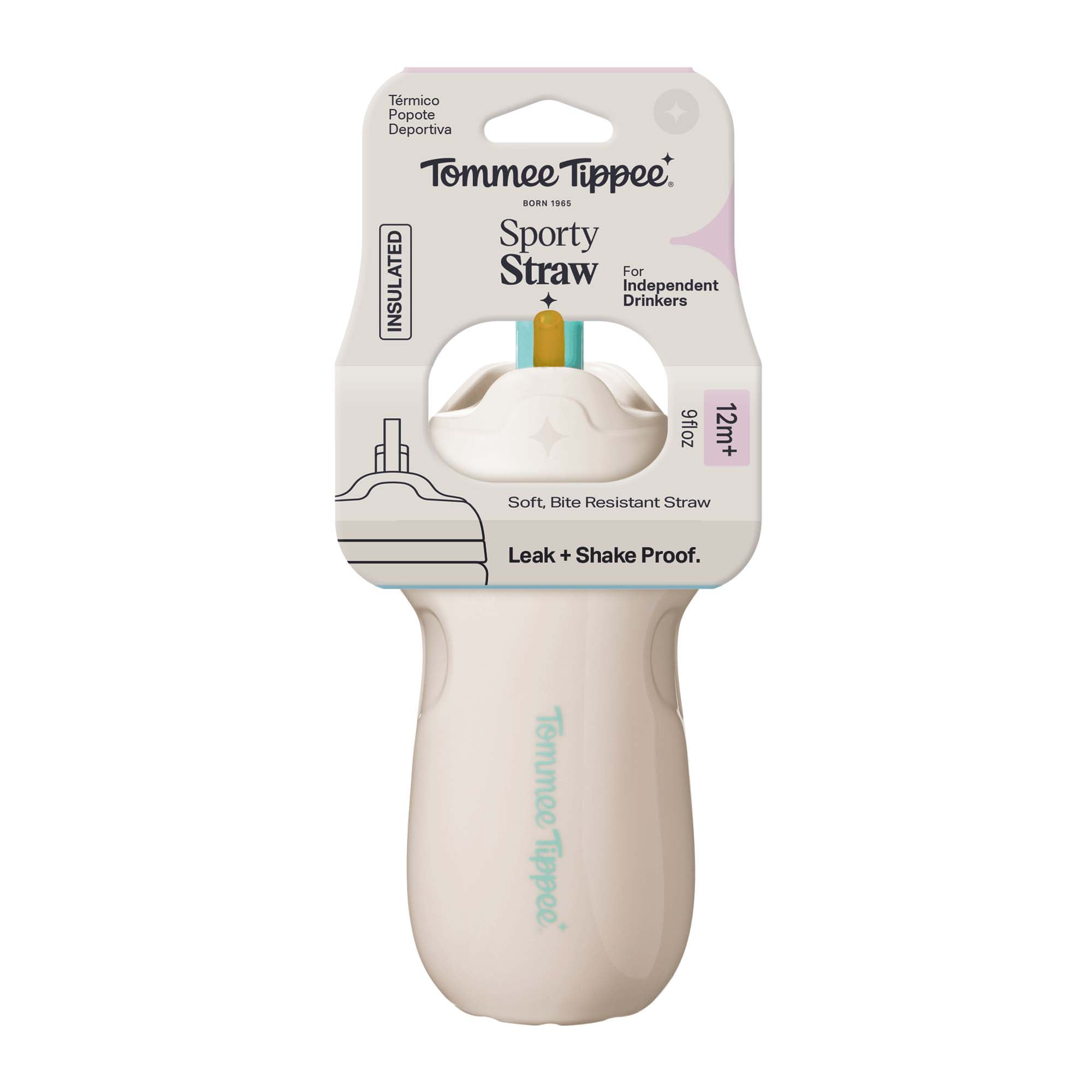 (2 pack) Tommee Tippee Insulated Toddler Sporty Straw Cup, 12m+, 9oz, Spill-Proof, Cream, 1 Pack