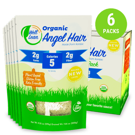 Organic Well Lean Angel Hair, 6 Pack, Premium Shirataki Konjac Pasta, Odor Free, Keto Friendly, Non Gmo, Ready to Eat, Low Calorie, Low Carb, Gluten Free, Soy Free, Vegan, Diet Food