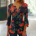 thumbnail image 2 of Pompotops Tunique Décontractée à Manches 3/4 Imprimée Florale Col en V pour Femmes Chemises Basiques d'Été Blouse Plissée Liquidation, 2 of 5