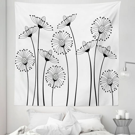 Black and White Tapestry, Meadow Flowers with Abstract Dandelions in Countryside Art, Fabric Wall Hanging Decor for Bedroom Living Room Dorm, 5 Sizes, Black White, by Ambesonne