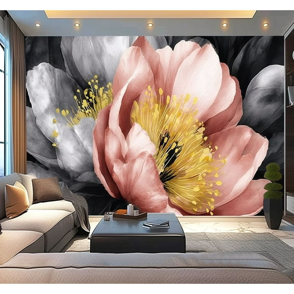 Peel and Stick Wallpaper Waterproof Peony Flower Pink Petals Yellow Stamen Gray Leaves Black Watercolor Wall Mural Decor Self Adhesive and Removable 100in x 144in