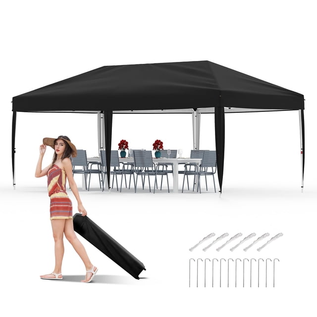 Tente Pliante 10x20 Pi avec Installation en une Poussée, Tente Extérieure Robuste avec Sac à Roulettes Portable, 3 Hauteurs Réglables, Inclut 4 Sacs de Poids, 8 Piquets et 4 Cordes