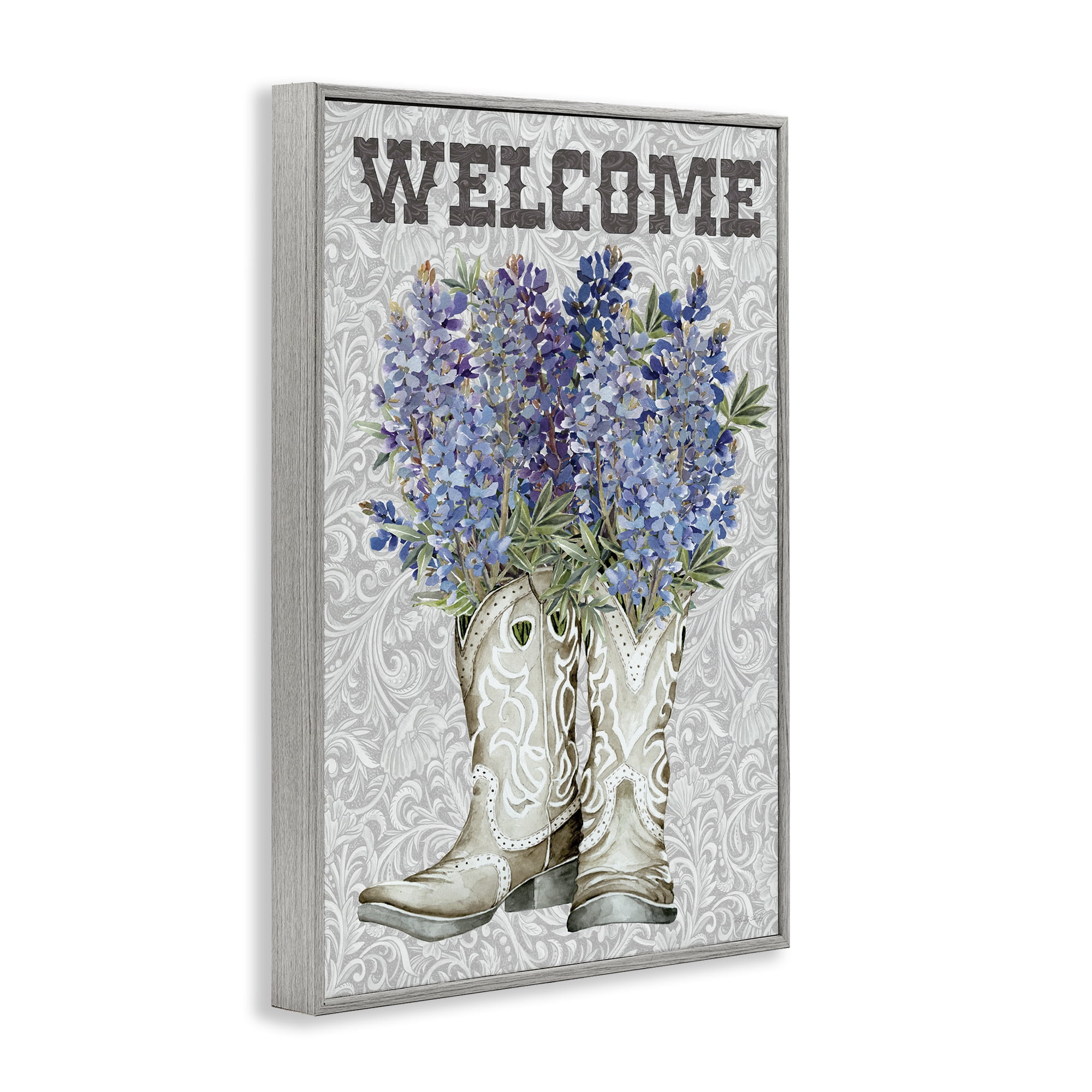 Stupell Industries Welcome Bluebonnet on Paisley Gray Framed Giclee Art, design by Cindy Jacobs