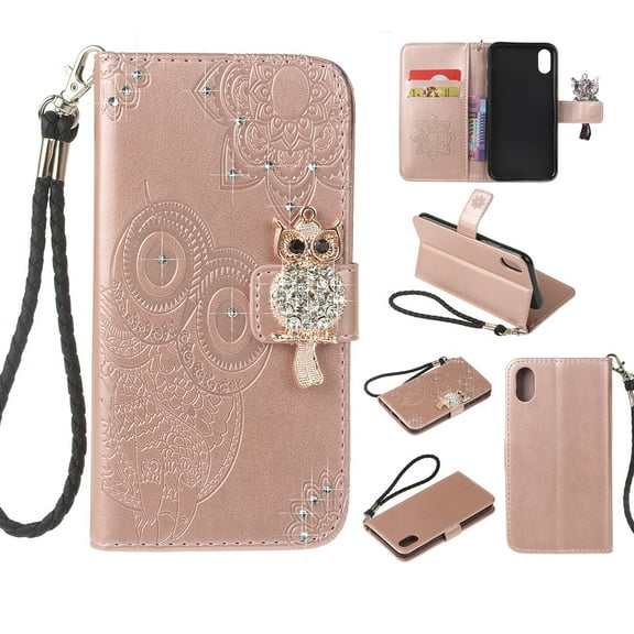 iPhone XS Max Case 6.5", Allytech Glitter Owl Leather Book Cover with Cards Holder Hand Strap Kickstand Full Protective Folio Flip Shock-Absorbing Case for Apple iPhone XS Max 2018, Rosegold