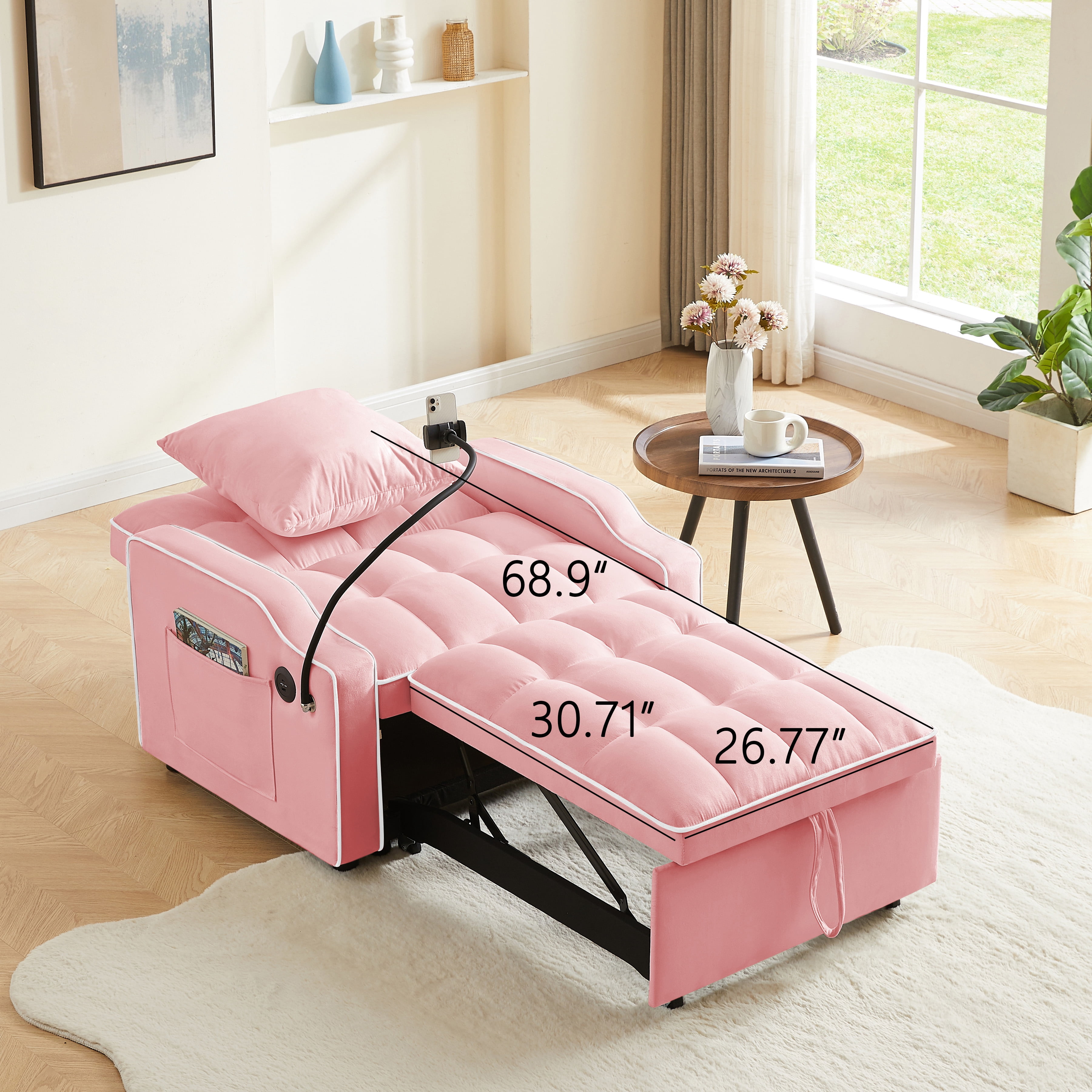 3 In 1 Convertible Sofa Bed Adjustable Recliner Sofa Chair With Adjustable Backrest, Phone Holder and Charging Port