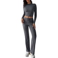 thumbnail image 3 of Conjuntos de 2 Piezas para Mujer, Larga, Cuello Redondo, Pantalones Acampanados de Cintura Alta, Conjuntos de Chándal, Ropa de Calle. Gris Oscuro L, 3 of 9