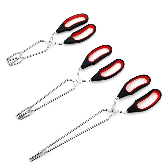 3 Pcs Multifunctional Food Tongs Set, Stainless Steel BBQ Grilling, Bread & Charcoal Tongs, Includes 24CM, 28CM, 33CM, Red-Black Plastic Handles, Comfortable, Lightweight, and Easy to Clean