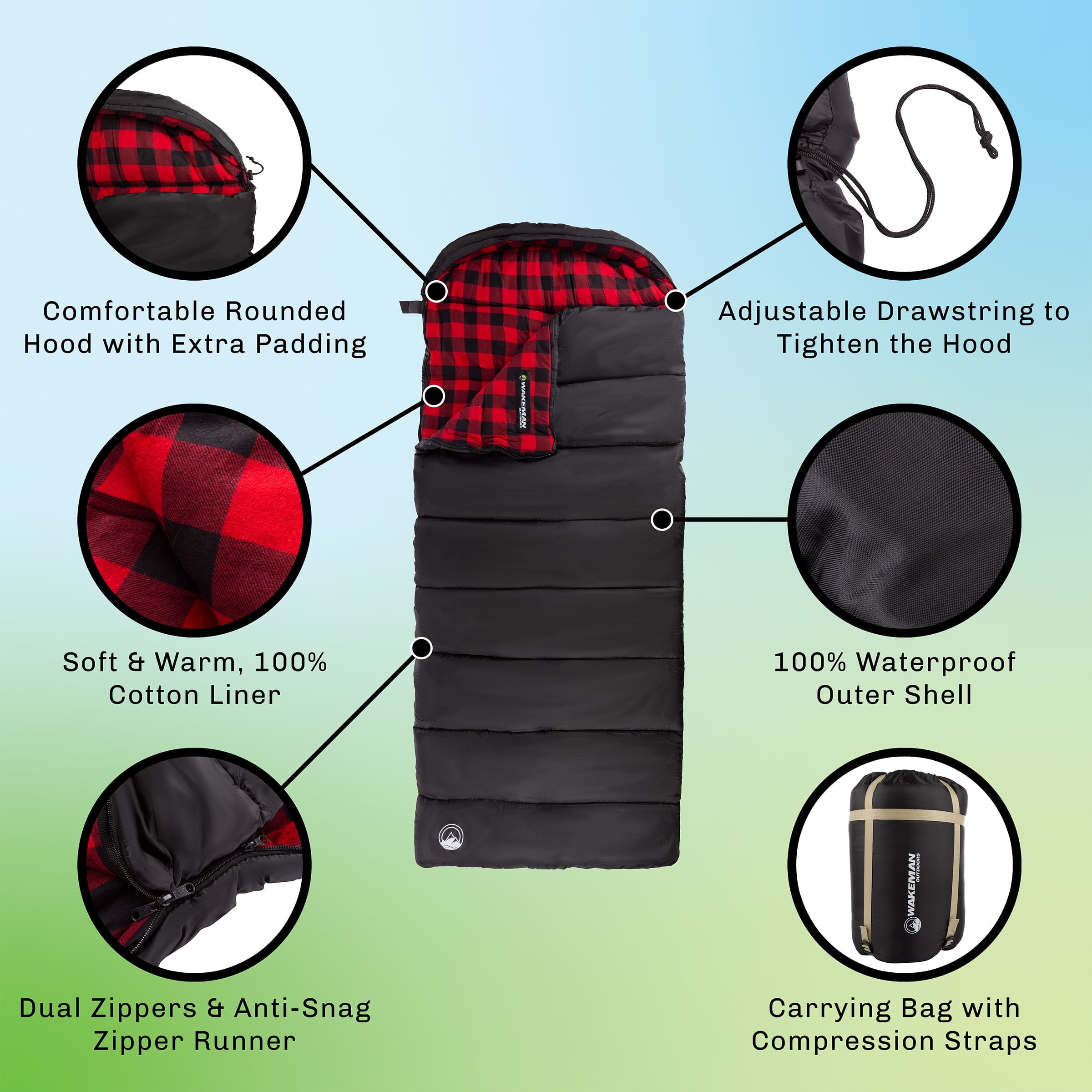 Sleeping Bag ? 32F Rated XL 3 Season Envelope Style with Hood for Outdoor Camping Backpacking and Hiking with Carry Bag by Wakeman Outdoors (Black)