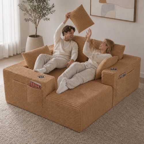 95" Modular L-Shaped Sectional Sofa with Chaise Lounge, 4-Seater Convertible Sofa Bed, Plush Corduroy Upholstery, Spring Pack Cushions, Wide Armrests with Side Pocket, Brown