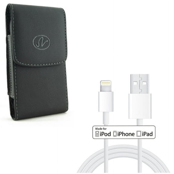 Case Belt Clip w 6ft MFi USB Cable for iPhone 8/7/6S/6/11 Pro - Leather Holster Cover Pouch Vertical, Certified Charger Cord Power Wire Sync for iPhone 8/7/6S/6/11 Pro Models