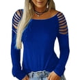 thumbnail image 2 of Cutting Sleeve Women Long Sleeved Solid Color T-shirt Slim Tops Hollow Out Boat Neck Shirt, 2 of 5