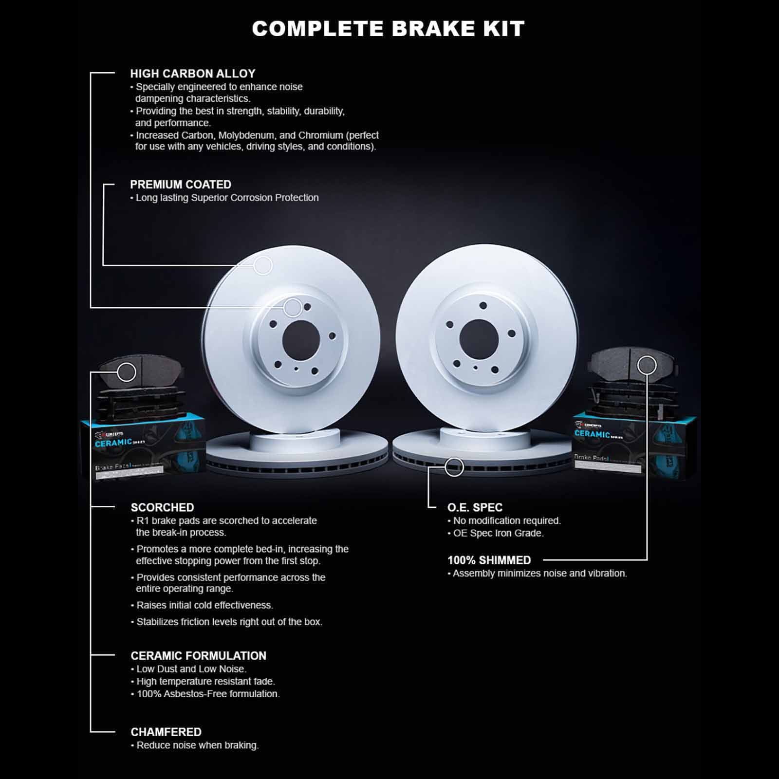 R1 Concepts Front Rear Brakes and Rotors Kit |Front Rear Brake Pads| Brake Rotors and Pads| Ceramic Brake Pads and Rotors WDWN2-03038