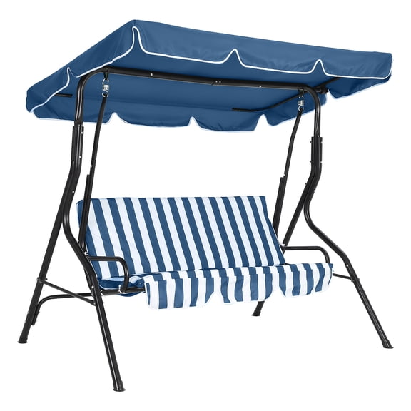 3-Seat Patio Swing Chair with Adjustable Canopy – Thick Waterproof Cushions, Sturdy Steel Frame, Comfortable Outdoor Glider Bench for Yard, Garden, Porch – Blue and White Stripes