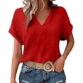 thumbnail image 7 of idosla Womens Summer Gauze Blouses Crinkle Texture V Neck Short Sleeve Pullover Shirts Solid Color Work Camping Outfits Top (Red, XL), 7 of 7