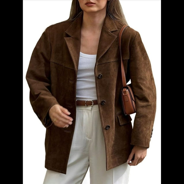 Chaqueta de Gamuza Y2k, Abrigo de Piel Sintética Marrón, Moda Femenina de Otoño, Abrigo de Gran Tamaño con Bolsillos Antiguos. Café L
