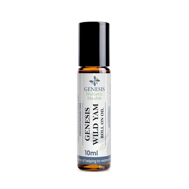 aceite de raíz de ñame silvestre roll on genesis 10 ml para mujer Frasco roll-on de vidrio ámbar de 10 ml, vista frontal centrada con tapa negra y etiqueta blanca con logo Genesis Holistic Health y texto 'Wild Yam Roll On'; roll-on compacto para cuidado personal femenino, aplicación tópica diaria y apoyo suave a los ritmos del cuerpo según fórmula botánica.
