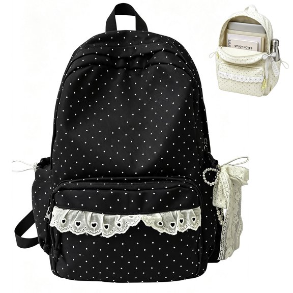 Backpack Polka Dot,Cute Lace Backpack,Back to School Supplies,Large Laptop Daypack Supplie with Bow Accessories