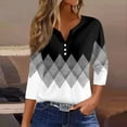 thumbnail image 2 of WTOBBY Women's Casual V-Neck Button Down Tee with 3/4 Sleeve, Daily Weekend Fashion Basic Tunic Top, Retro Geometric Print Henley Collar Regular Fit Shirt,Dark Gray S, 2 of 5