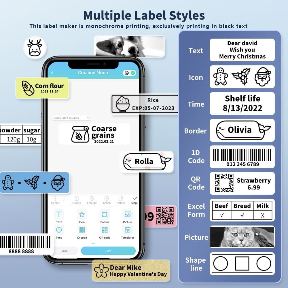 Portable Handheld Wireless Label Maker Printer Smartphone Thermal Small Rechargeable ,Fast-Drying Ink with Crisp Output