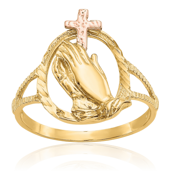 10K Solid Two Tone Gold Jesus Christ Praying Hands Lord Serenity Prayer Holy Cross Ring Christian Religious Band