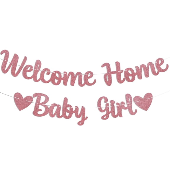 Welcome Home Baby Girl Banner - Pink Baby Shower Decorations for Girl, Gender Reveal Baby Shower Inside Outside Decoration Rose Gold Glitter