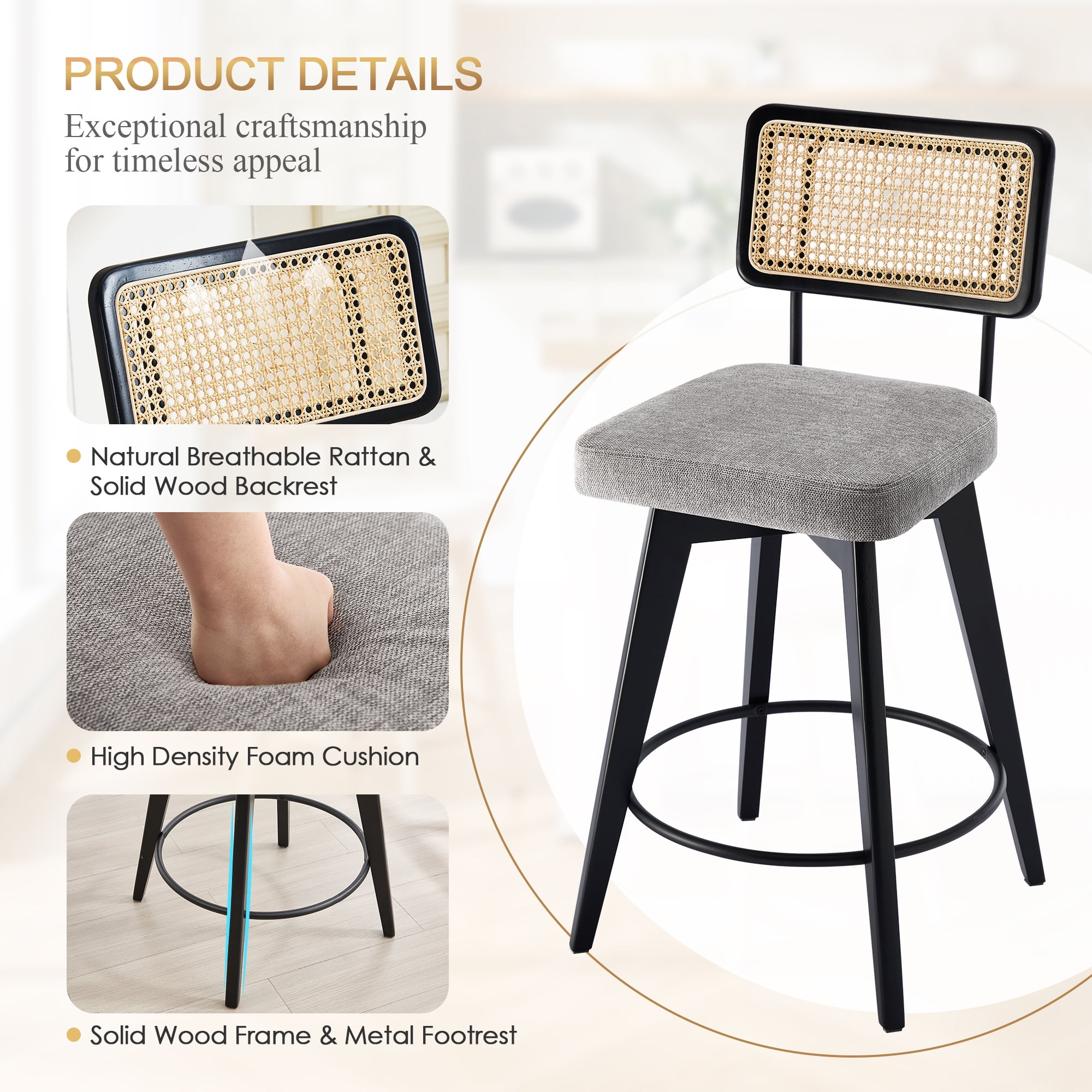 Zesthouse 26.2" Swivel Counter Height Bar Stools Set of 2, Upholstered Linen Counter Stools with Rattan Back, Mid Century Barstools with Solid Wood Frame for Kitchen Island, Gray