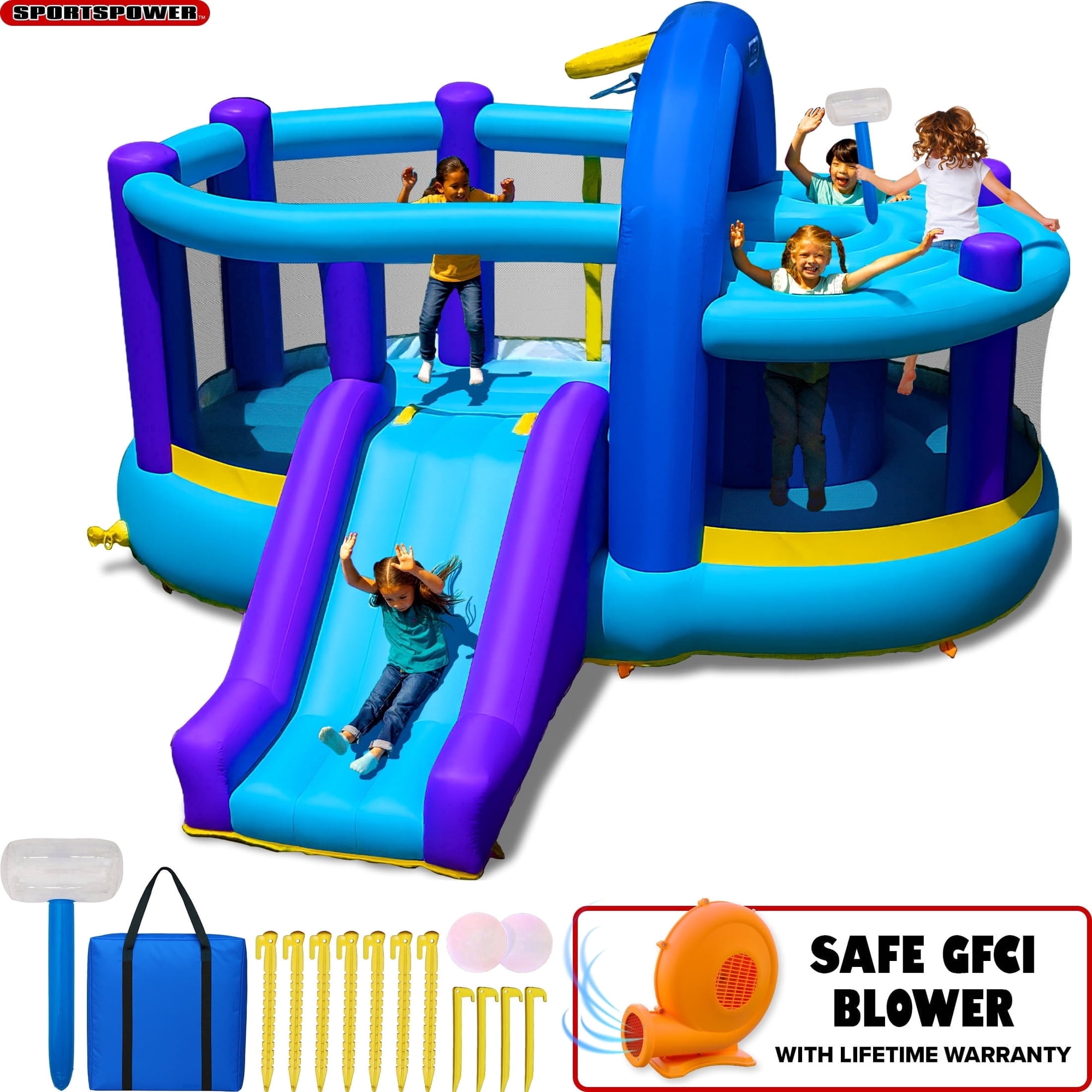 Sportspower Inflatable Bounce House with Slide, Whack-A-Play & Basketball Hoop, Kids Bouncer with 550W GFCI Blower, Outdoor Backyard Play, Ages 3–8