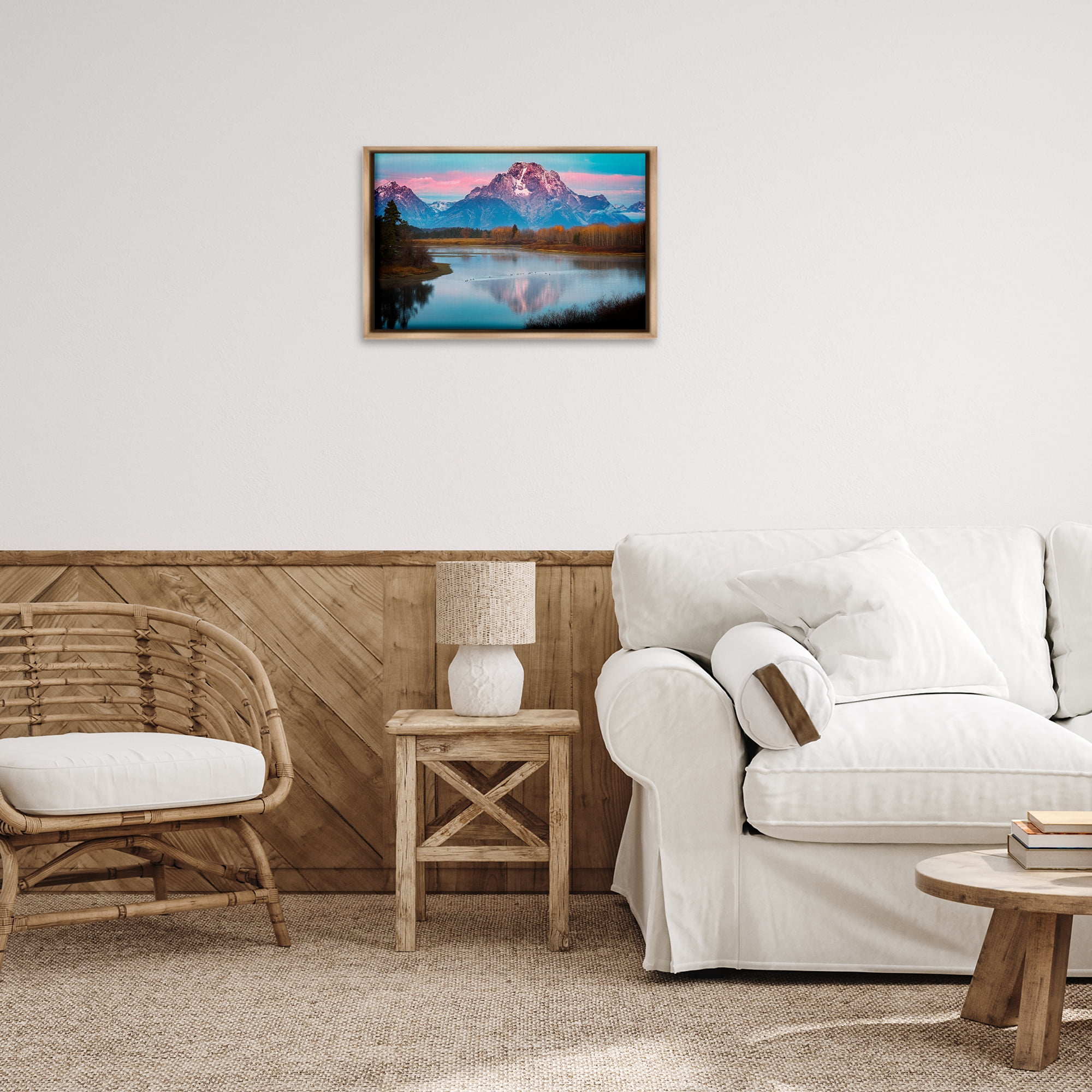 Stupell Industries Vast Mountain Lake Photography Landscape & Nature Photography Brown Floater Framed Canvas Art Print Wall Art, 25 x 17