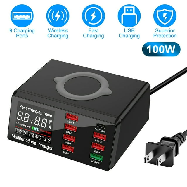 USB Charger Hub 100W 8-Port USB Charging Station with LCD Display Wireless Charging Pad Wireless Fast Charger PD20W Port QC3.0 Port 6 USB Ports Safety for Multiple Devices