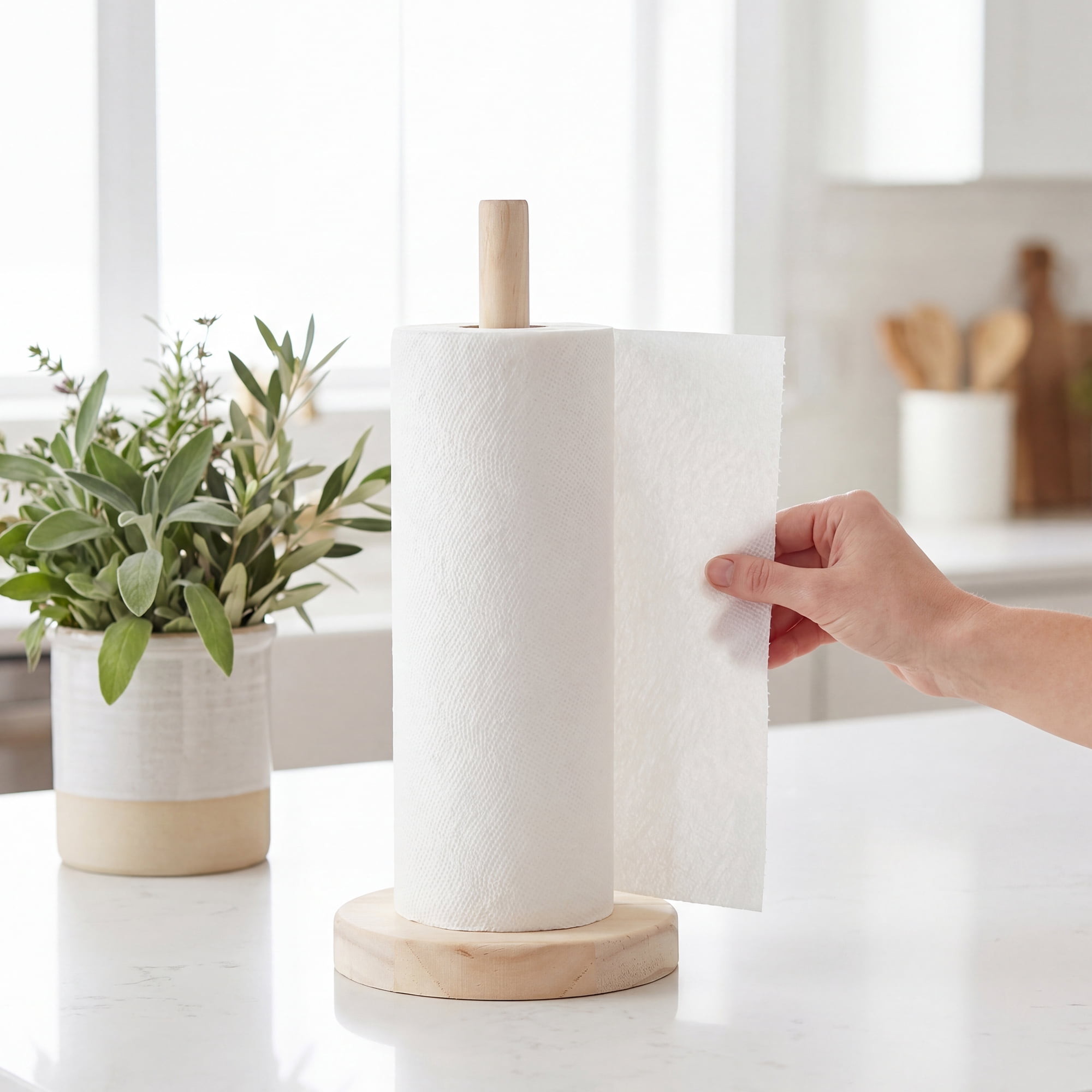 Unique Bargains Paper Towel Holder Countertop Modern Base Wood Light brown 11x3.1inch