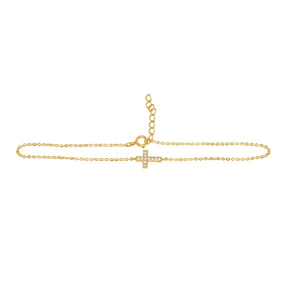 Precious Stars 14K Yellow Gold Cubic Zirconia Sideways Cross Chain Bracelet