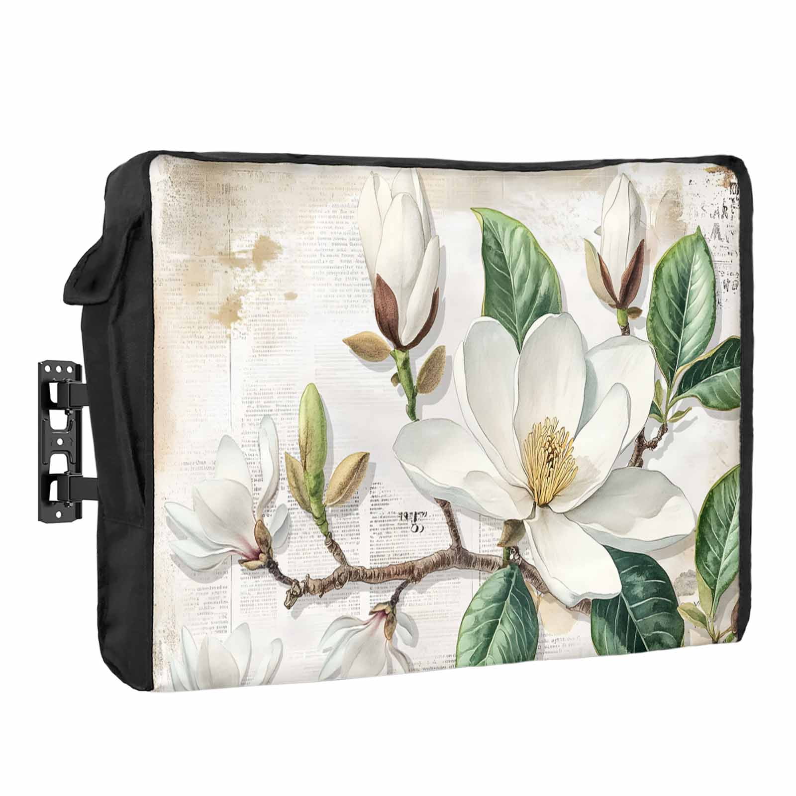 Spring Magnolia Outdoor TV Cover 70 to 75 inch Weatherproof Waterproof, Vintage White Floral TV Enclosures with Remote Control Pocket Flat Screen Protector for Outside