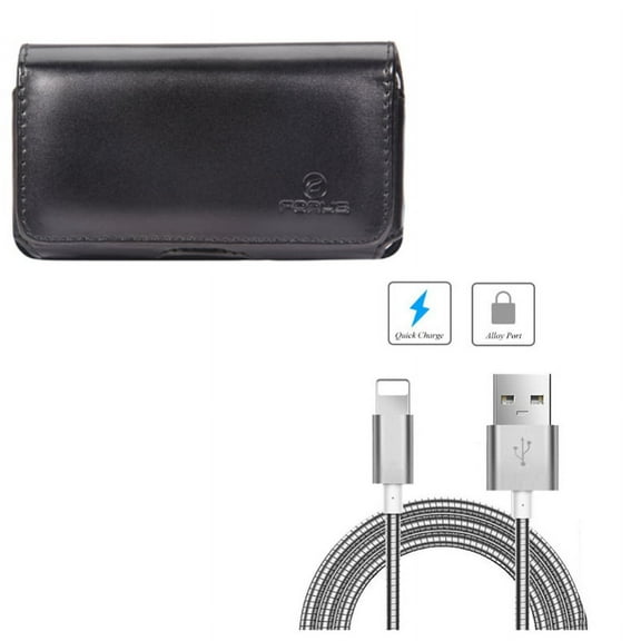 Metal USB Cable w Case Belt Clip for iPhone 8/7/6S/6 - 6ft Charger Cord Power Wire Long, Leather Swivel Holster Loops Cover for iPhone 8/7/6S/6 Models