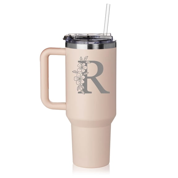 Daylor 40 oz Tumbler with Handle and Straw Lid Stainless Steel Insulated Travel Mug Cup Floral Monogram Letter R (Rose-Quartz)